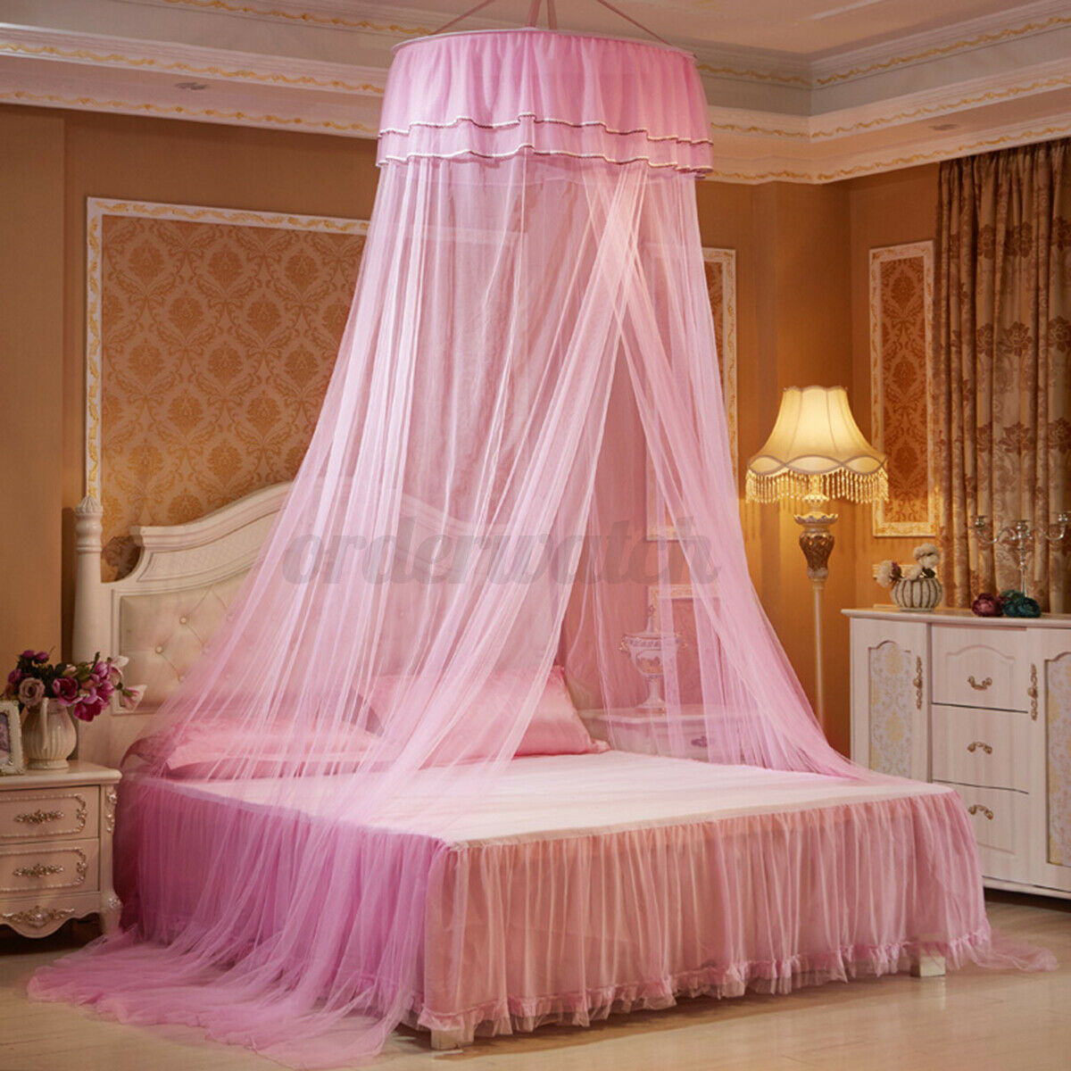Baldachýn nad postel s rozparkem růžový