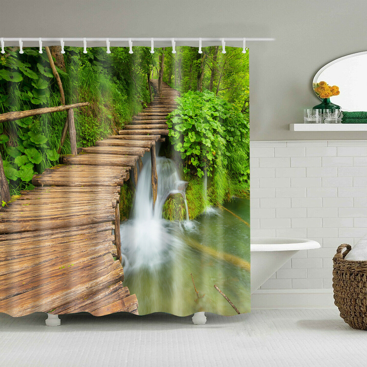 Dřevěný můstek sprchový závěs 180 x 180 cm